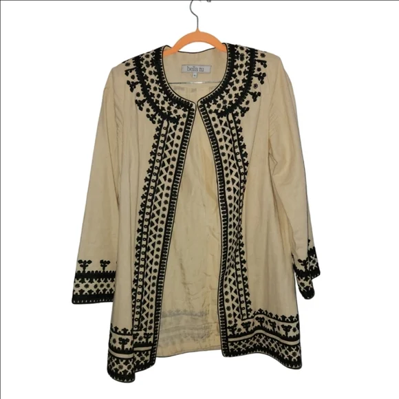 Bella Tu Ceci Embroidered Jacket M Beige Black - Picture 1 of 8